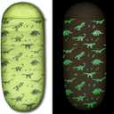 Kids Glow-in-the-Dark Dinosaur Sleeping Bag for Boys Camping Hiking - Machine Washable, Durable, Waterproof, Lightweight - Slumber Bag & Backpack 2 Pc Gift Set - Age 3-10 | 58" L X 27" W