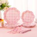 350 Pcs Pink Gingham Plates and Napkins Party Supplies - Pink and White Checkered Plates Sets Serve 50 Guests - Scalloped Gingham Paper Plate for Birthday Wedding Picnic Mother's Day Party Decorations