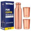 WOTERLY Plain Copper Water Bottle (34 Oz / 1000ml) With Set Of 2 Tumbler (10 Oz/ 300ml Each) | Best use for Office, Gym & gifts |100% Pure Copper Material with Leak proof Quality