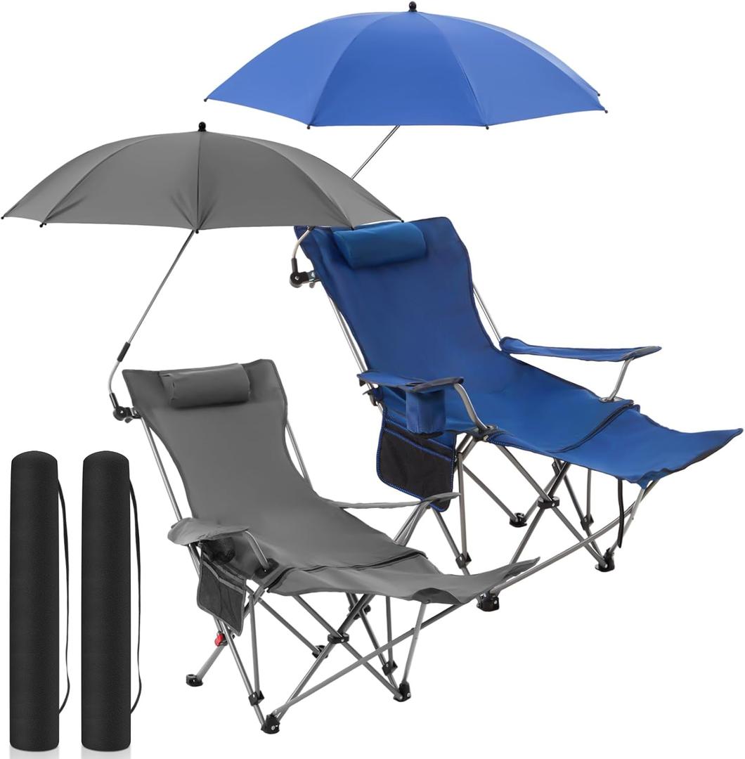 Yuntau 2 Set Reclining Beach Chairs with UPF 50+ Umbrellas, Upgraded Heavy Duty Portable Folding Lounge Camping Chair with Removable Footrest & Headrest for Outdoor Fishing Patio(Grey,Blue), 61.42 x 35.24 x 21.26 inches