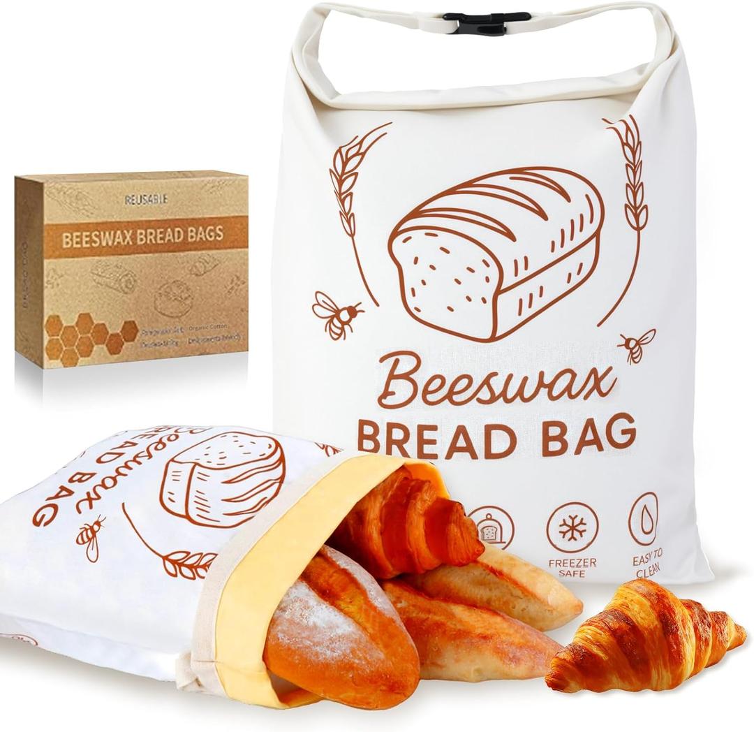 2 Pack Beeswax Bread Bags for Homemade Bread, XL Reusable Sourdough Bread Bags, Linen Bread Storage Bags with Beeswax Lining, Bread Bag for Sourdough Loaf Fresh Keeping, 17x13 Inch