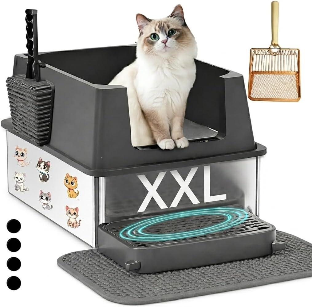 Extra Large Stainless Steel Cat Litter Box - 23.5" x 15.5" x 12" - High Sided Walls for Big Cats, Anti Urine Leakage, Odorless and Easy Cleaning - Foot Pad, Mat, Scoops & Deodorizer - XXL Litter Box
