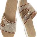 ONCAI Womens Sandals with Rhinestone Ladies Flat Slides, Glitter Sparkly Summer Beach Vacation Comfort Square Open Toe Sandalias Mujer 2026 with Outdoor Rubber Soles Beige White US Size 9