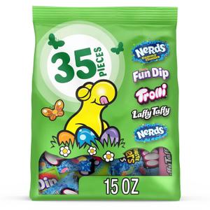 Nerds Easter Variety Seekers Basket Filler Variety Bag, NERDS Gummy Clusters, Fun Dip, Trolli, Laffy Taffy, and Nerds Original, 15 oz, 35 Count (EXP 08/21/26)