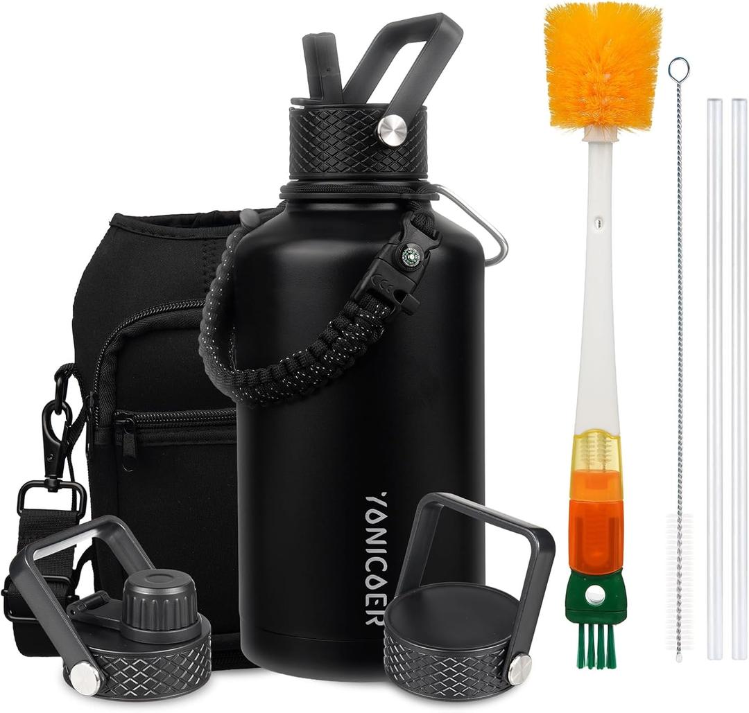 Insulated Water Bottle 64oz,Triple Wall Vacuum Stainless Steel(Dishwasher Safe),Leak Proof & Non-BPA,Flask Jug with Paracord Handle & Straw Spout Lids Sports Black