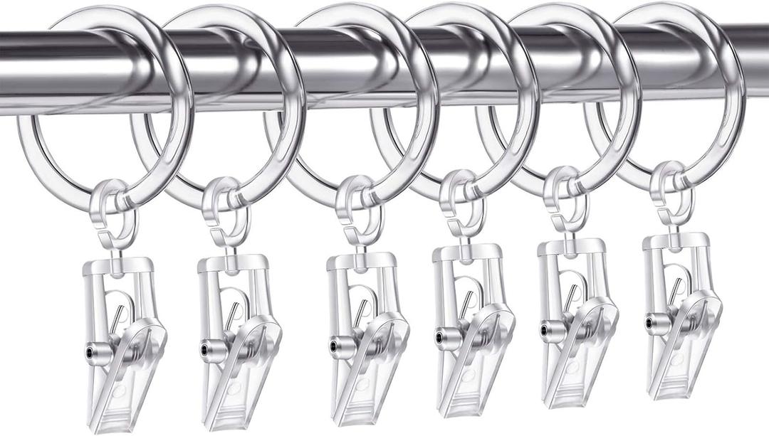 Jetec 30 Pieces Plastic Curtain Rings with 30 Piece Clips Shower Curtain Rod Clip Rings, 30 mm(Clear)