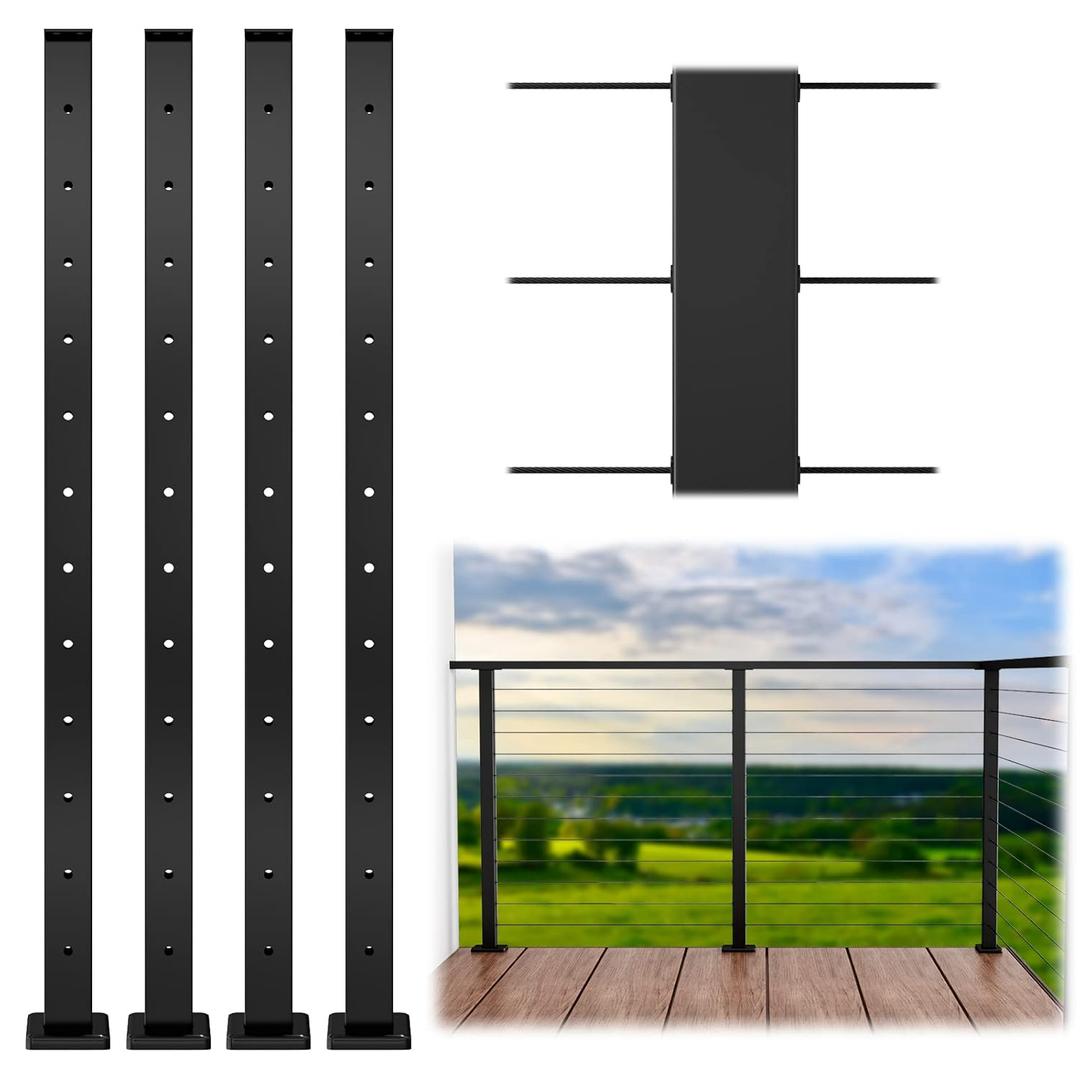 Muzata 4Pack Black Cable Railing Post 42 Inch 42"x2"x2" Level Drilled Surface Mount T304 Stainless Steel Cable Railing System Kit Indoor Outdoor with Paper User Guide PS02 BH4L
