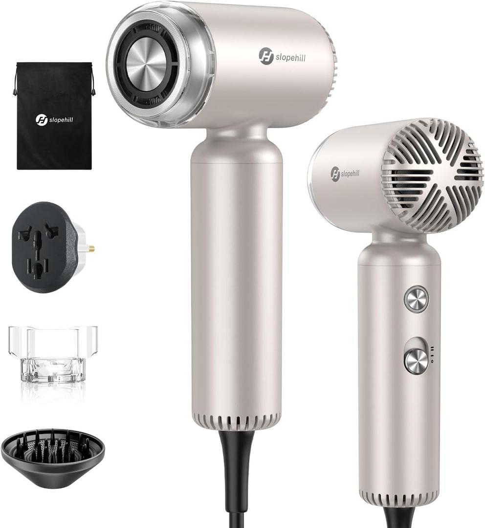 slopehill Dual Voltage Travel Mini Hair Dryer, Lightweight Ionic Blow Dryer, Professional Fast Drying, Compact Portabe Quiet Hairdryer with Magnetic Diffuser for Women, International European 100-240V (Stone)