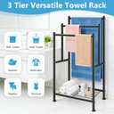 Standing Towel Rack, 3 Tier Towel Racks for Bathroom with Storage Shelf, Freestanding Metal Pool Blanket Holder Floor Towel Drying Rack Outdoor, Black
