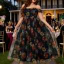 Women's Plus Size Formal Party Cocktail Dress, Wedding Guest Evening Gown with Slit - Off Shoulder Floral Tulle Maxi Dress