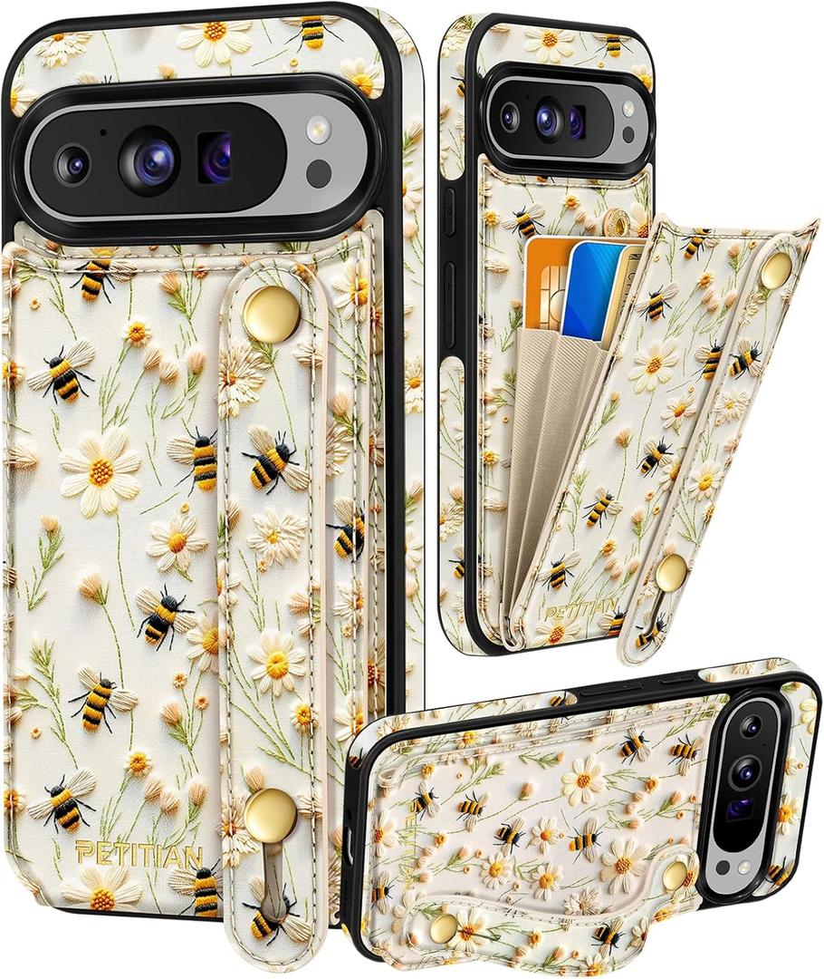 Petitian for Google Pixel 9Pro XL Case with Wallet - Women Girls Cute Girly Aesthetic Unique Design Leather Credit Card Holder Cardholder Stand Wristband for Pixel 9Pro XL, Flower