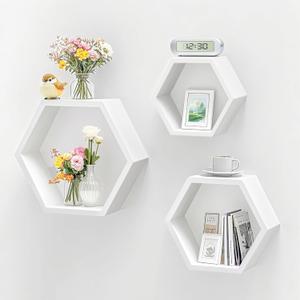 ZGZD Set of 3 White Wooden Hexagon Wall Shelves - Modern Decorative Storage for Home, Kitchen, Office – Stylish Floating Shelves for Small Plants, Books, and Decor