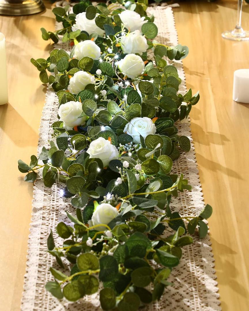 2 Pieces 6.5 ft Eucalyptus Garland with 20 LED Light Bar and Rose Flowers Artificial Eucalyptus Flower Vines for Wedding Arch Party Tables Centerpiece Backdrop Party Decor