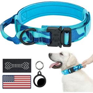 Hotsky Tactical Dog Collar, Adjustable Military Training Nylon Airtag Collar with Handle and Heavy Duty Metal Buckle for Medium Large Dogs, with Airtag Holder and Two PatchesBlue Camo,L (L(17"-20.5"))