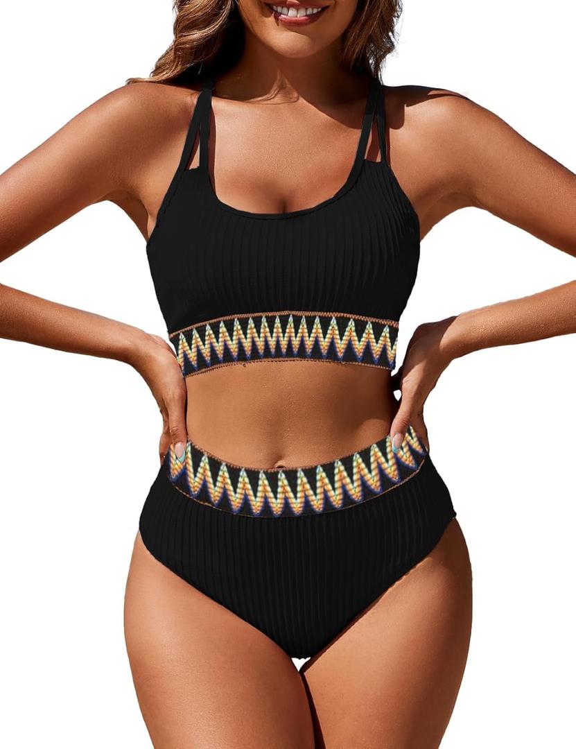 Women's High Waisted Ribbed Bikini Set Two Piece Crop Top High Cut Swimsuit Criss Cross Back Bathing Suit (Pink, S)