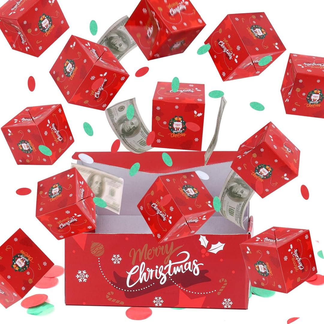 BABORUI Money Surprise Box - Christmas Gift with Confetti Explosion for Women, Men, and Kids (Red)