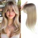 18 inch Hair Topper for Women with Bangs 3D 360 Cover Fluffy Toppers Synthetic Long Straight Thinning Hair Pieces for Women Clip in Bangs with Topper Rooted Ash Blonde Mix Platinum