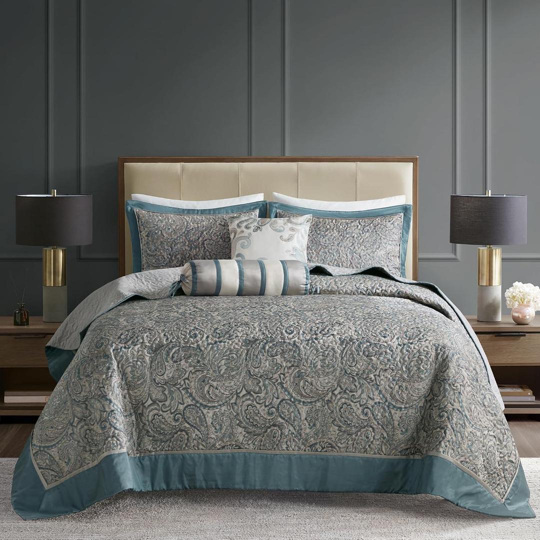 Madison Park Reversible Jacquard Quilted King Bedspread Set Teal, 5pc, Oversized King