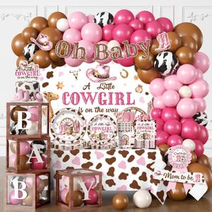 266pcs Cowgirl Baby Shower Decorations for 25 guests, Worry-free One-stop Set Includes Thick Plates Backdrop Sash and Badge, Western Baby Shower Decorations for Girl