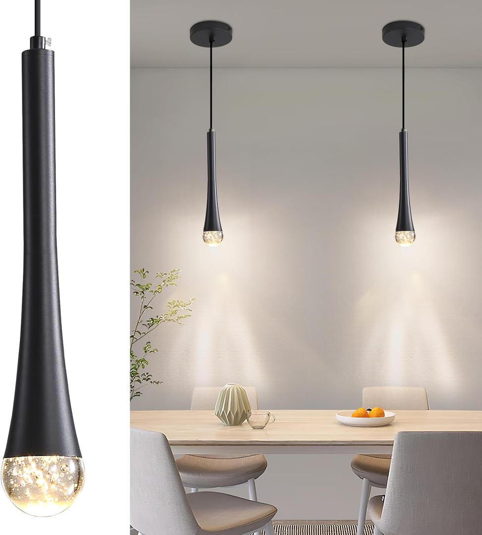 2 Pack Modern Black LED Pendant Light, Kitchen Island Ceiling Hanging Lights, Teardrop Bubble Crystal, 3 Color 2700K/4500K/6500K, Bedside Small Chandeliers Lamps for Bar, Dining Room, Hallway, Foyer