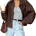 Kissonic Womens Faux Suede Bomber Jacket Oversized Batwing Long Sleeve Zip Up Cropped Coat Streetwear (Brown, Small)