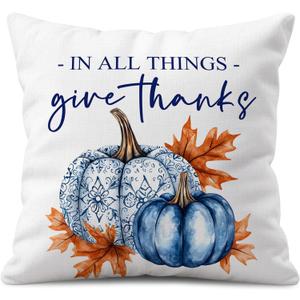Fall Throw Pillow Cover 18x18 Inch  White Linen Cushion Cover with Blue Pumpkins and Golden Leaves  Double-Sided Print, Autumn Thanksgiving Decorative Pillowcase for Sofa, Couch, Bed