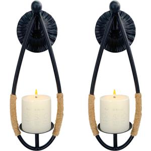Wall Sconce Candle Holder Black Wall-Mount Metal Candle Holders Hanging Iron Wall Candle Sconce Holder and use Hemp Rope Decoration,for Home,Living Room, Bathroom, Dining Room, Set of 2