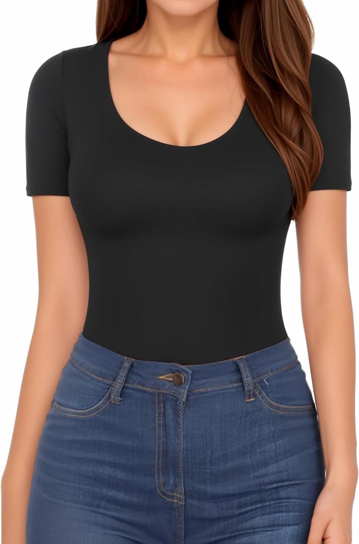 MANGOPOP Women Scoop Neck Short Sleeve Stretchy Basic Bodysuit Shirt for women S