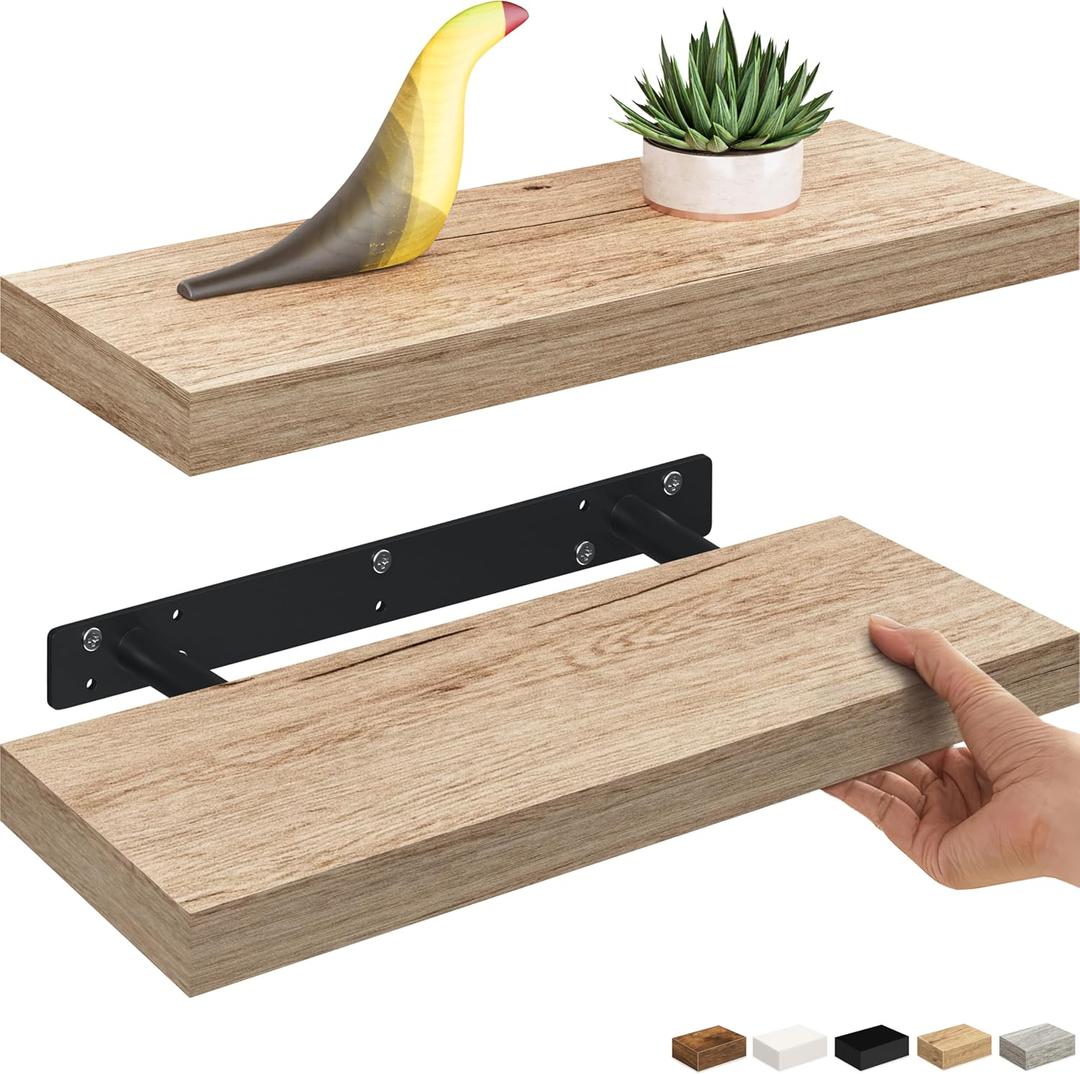 Ballucci Floating Shelves, 16" Wood Wall Shelf Set of 2, Invisible Brackets Floating Shelf Bathroom Wall Decor, Living Room, Bedroom, Kitchen, Nursery, 6" Deep, Natural Oak