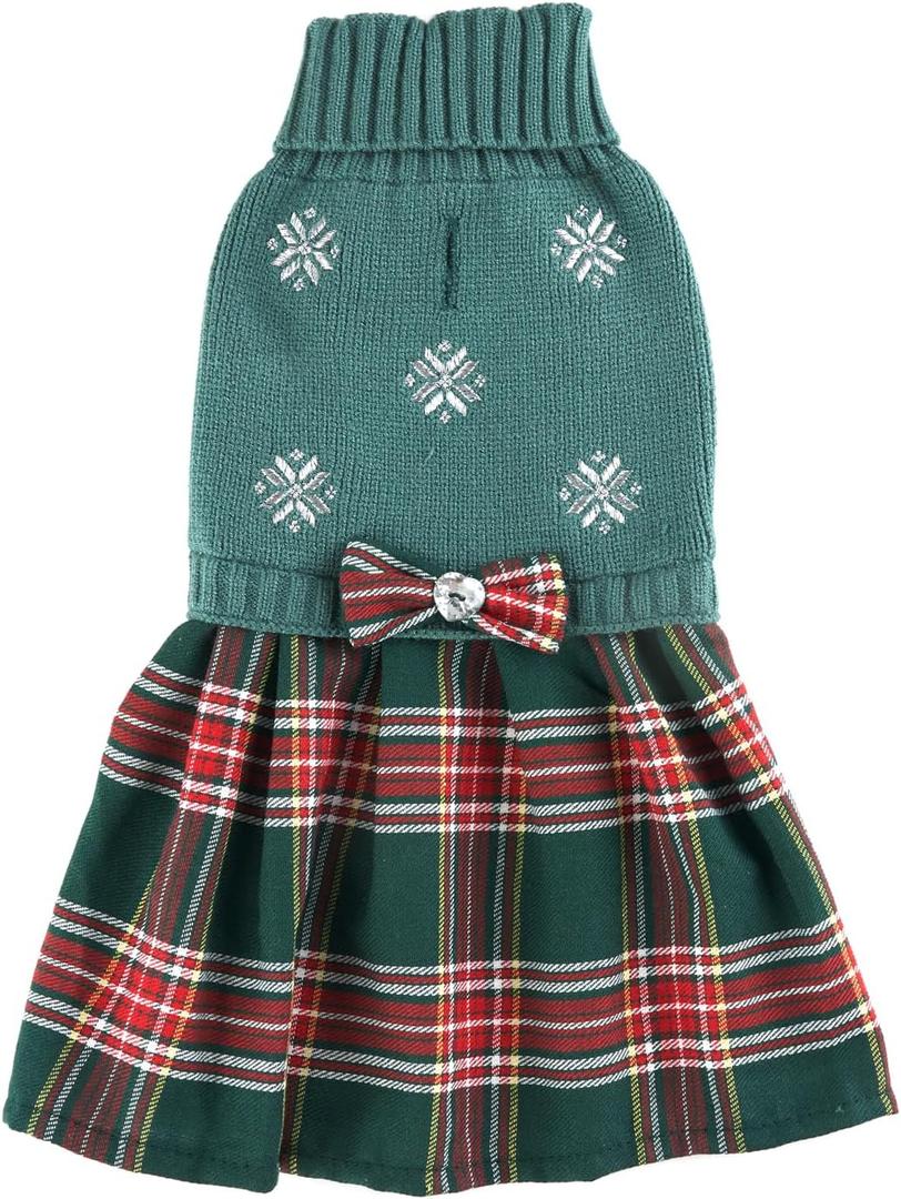 Green Embroidery Snowflake Chihuahua Christmas Sweater, Ugly Holiday Festive Plaid Christmas Dog Sweater Dress for Small Dogs Girl, Cat Outfit Small (S) Back Length 12"