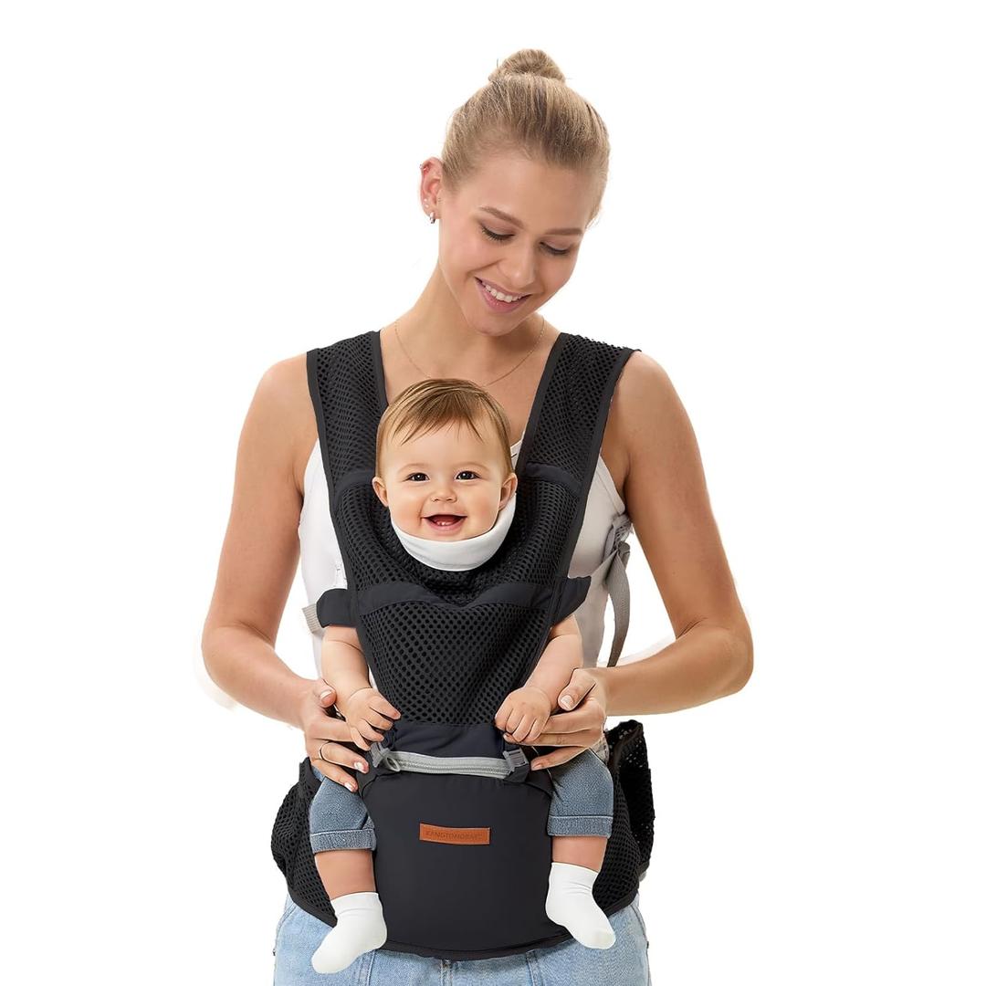KANGTONG Baby Carrier with Hip Seat  6-in-1 Detachable Ergonomic Infant to Toddler Carrier, 745 lbs, Full Breathable Mesh, M-Position Seat, All Seasons, Fits Waists to 47.6 in, Black