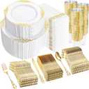 YOUBET 700PCS Gold Plastic Dinnerware Set - White and Gold Disposable Plates for 100 Guest - 200 Disposable Plates, 300 Heavy Duty Plastic Silverware, 100 Cups,100 Napkins for Wedding Party Graduation