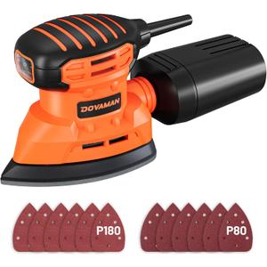 DOVAMAN 130W Detail Sander, 12000RPM Palm Sander Tool, Dust Collection System, 12PCS Sandpaper, Compact Hand Tool for Wood Steel Surfaces
