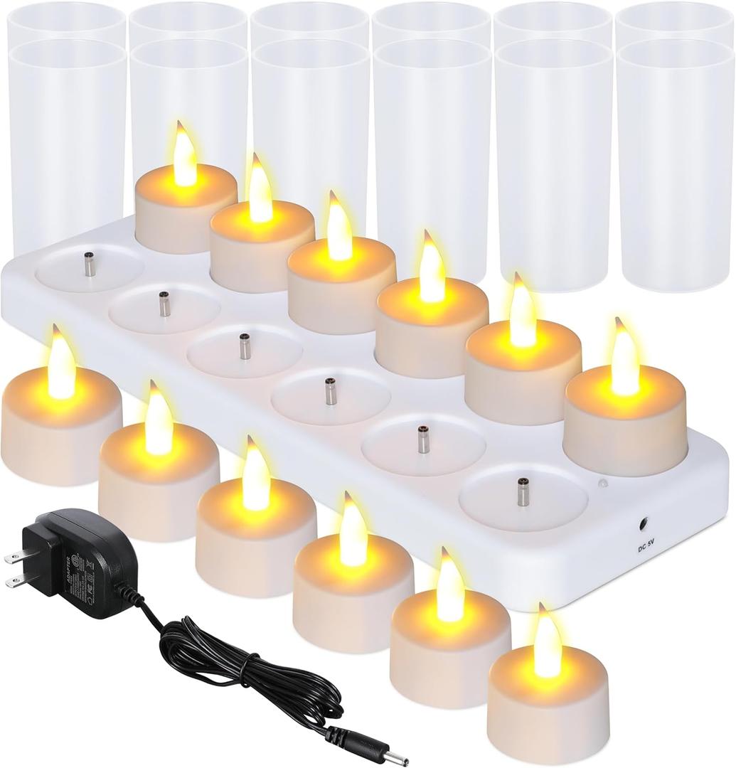 Esup Rechargeable Candles Flameless Flickering Candles Tealights 12pcs/Set with White Base, Decoration Parties, Weddings, Bar, Family, Dinner Outdoor Picnic