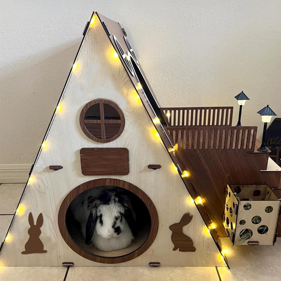 Tnstbiee Large Modern Wooden Rabbit Castle House Hutch - Bunny Hideout Indoor Habitats - Pet 2-Story Home Furniture（Excluding Street Lights）