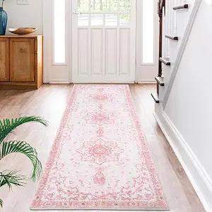 Sofrug Hallway Runner Rug, 2x8 Floral Pink Area Rug, Honeycomb Non Slip Kitchen Runner Rugs, Washable Soft Faux Wool Rug for Hallways Entryway Kitchen Laundry Bedroom