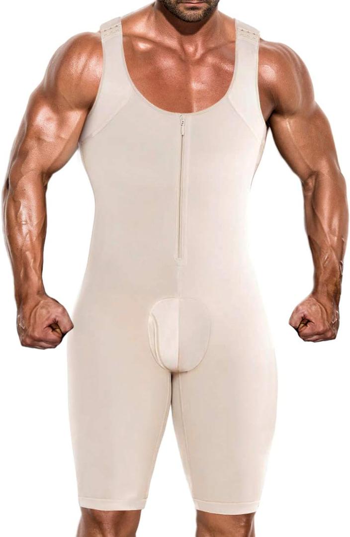 NonEcho Men Shapewear Tummy Control Full Body Shaper Slimming Bodysuit Plus Size (Medium, Beige(zipper))