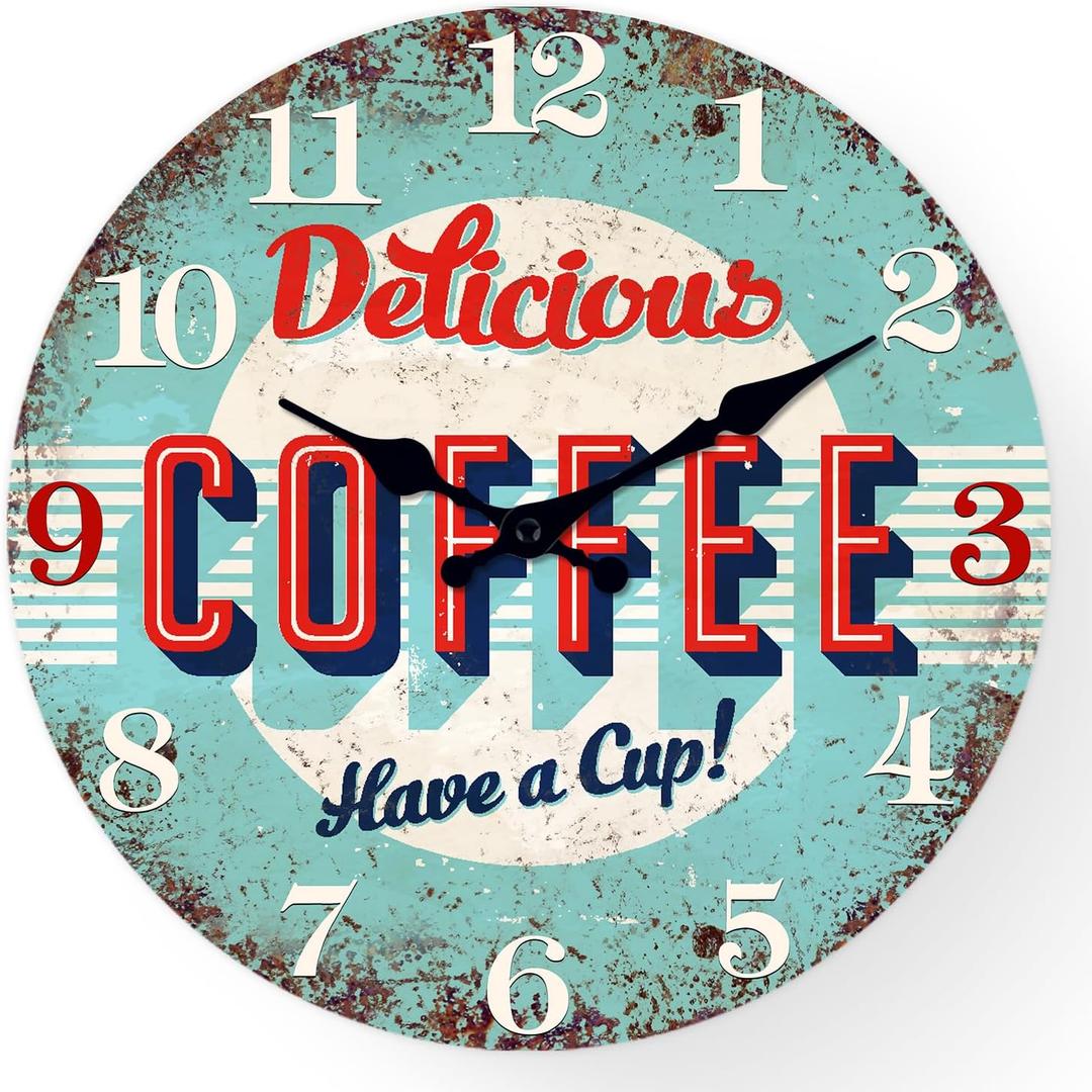 XFM Coffee Bar Wall Clock 24 Inch Blue Wooden Wall Clocks Battery Operated Silent Non-Ticking Retro Round Clocks for Kitchen Cafes Farmhouse