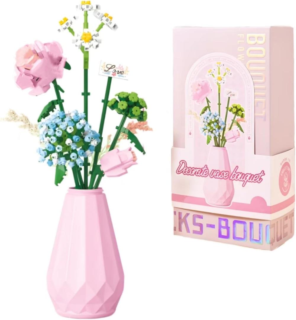 Flowers Bouquet Building Set with Vase for Adults, Artificial Roses Flowers Botanical Collection for Home Office Decor, Nice Gift for Her Valentine Mothers Day Christmas