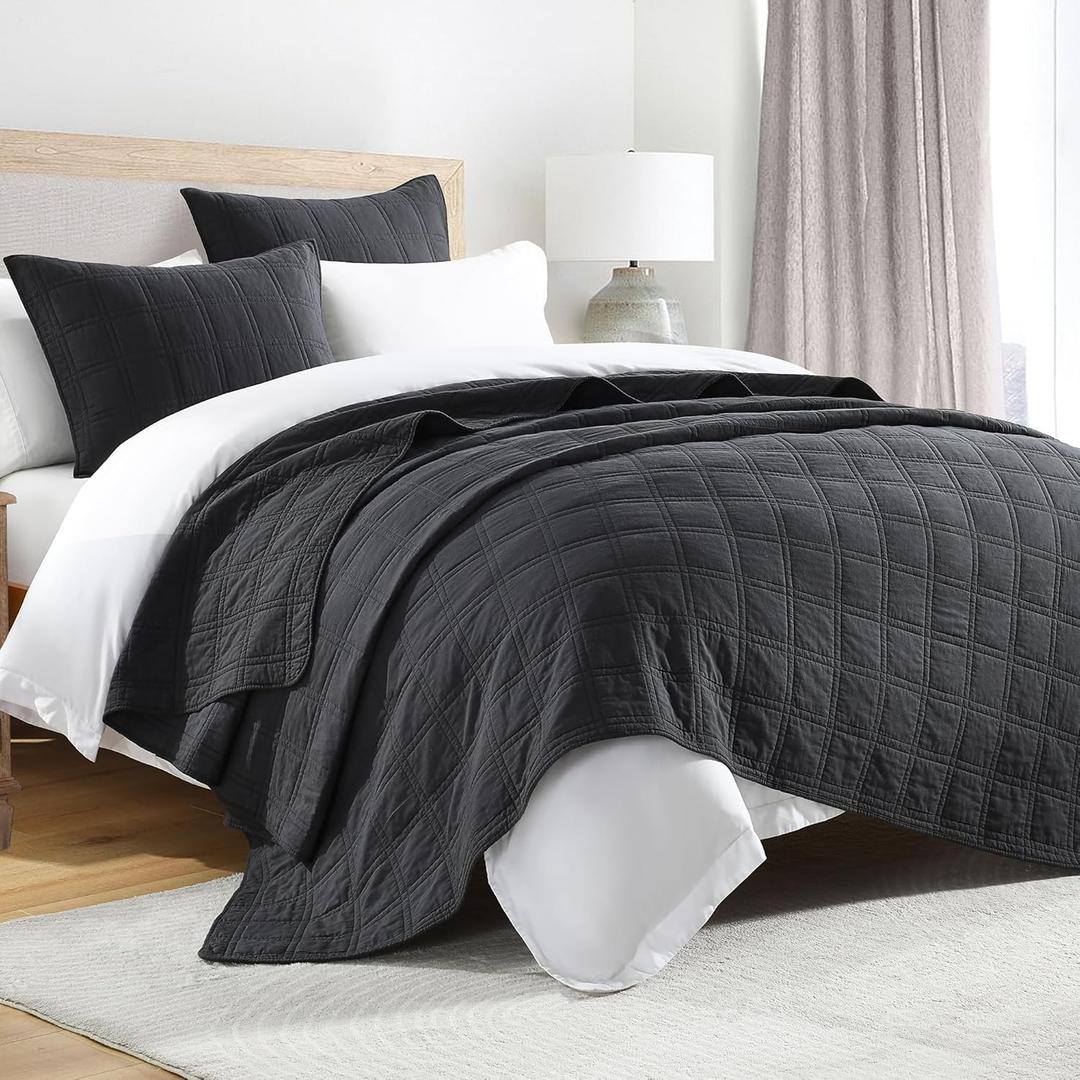 HORIMOTE HOME 100% Cotton Quilt Set Queen Size, Charcoal Pre-Washed Bedspreads Coverlet Set in Geometric Pattern, Cozy Lightweight Stitching Decorative Bedding Cover with 2 Shams for All Season