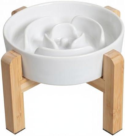 Elevated Slow Feeder Dog Bowl - Ceramic Maze Food Dish with Bamboo Stand - Raised Feeding Bowl for Fast Eaters - Ideal for Small and Medium Dogs - White - 6.7 inch