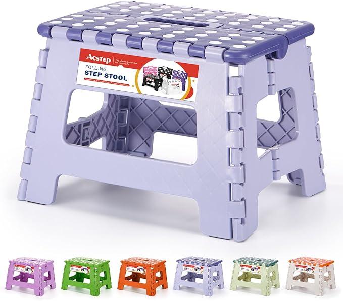 ACSTEP 9 Inch Folding Step Stool 300 LB Capacity Plastic Foldable Step Stools for Kids and Adults, Folding Stool Suitable for Kitchen, Stepping Stool with Handle Bicolor Orange Small Step Stool 1PC