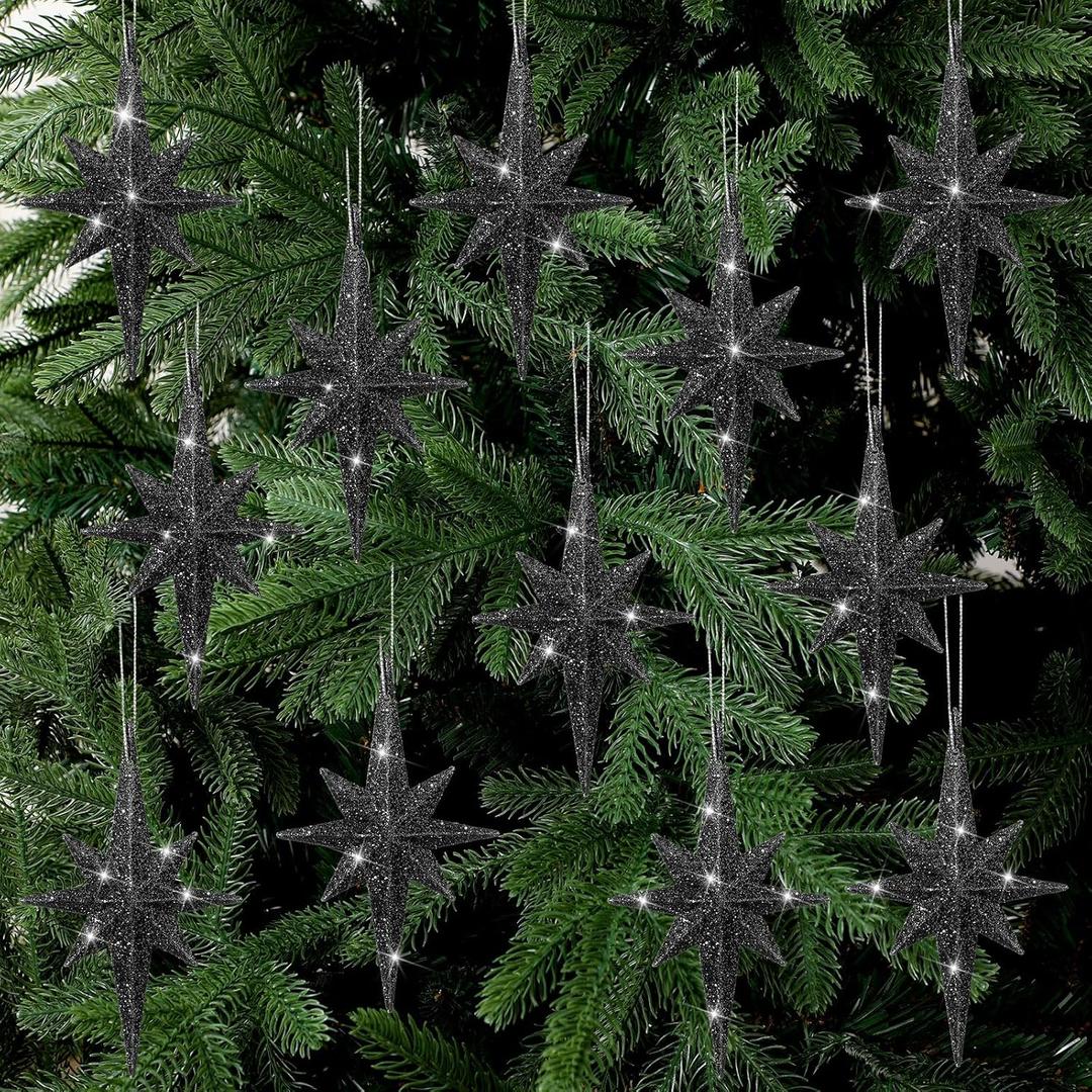 12 Pcs Christmas Black Bethlehem Star Ornament 4.72 x 2.95 Inch Star of Bethlehem Christmas Tree Topper Glitter Ornament Plastic Nativity Stars Hanging Decor Accessories