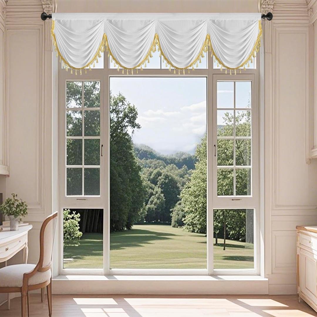 Pure White Valance for Windows with Tassels for Living Room Kitchen Valances with Ropes Light Filtering Waterfall Valance for Bedroom, 1 Semi Sheer Shiny Satin Panel (79"W x 20"L (Pack of 1))