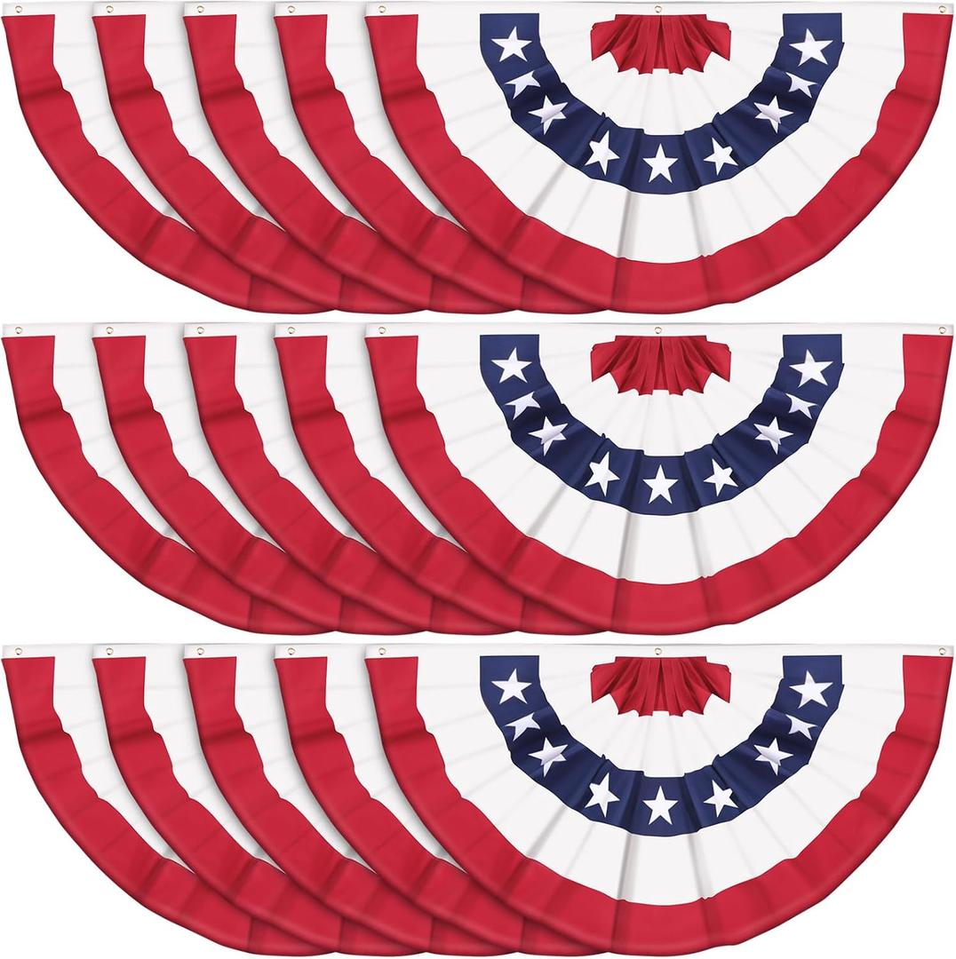 Tegeme 250th Anniversary Pleated Fan Flag Patriotic Bunting Outdoor American 4th of July Decoration Flags Half Fan Bunting Flag with Canvas Header Metal Grommets for Yard Decor(15 Pcs,3 x 6 ft)