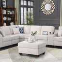 Ball & Cast 127" L-Shaped Sectional Couch with Movable Ottoman&6 Throw Pillow,7 Seat Chenille Upholstered Sofa W/2 Cup Holder,USB Port&Hidden Storage Box,DIY Combination,for Livingroom,Apartment,Beige