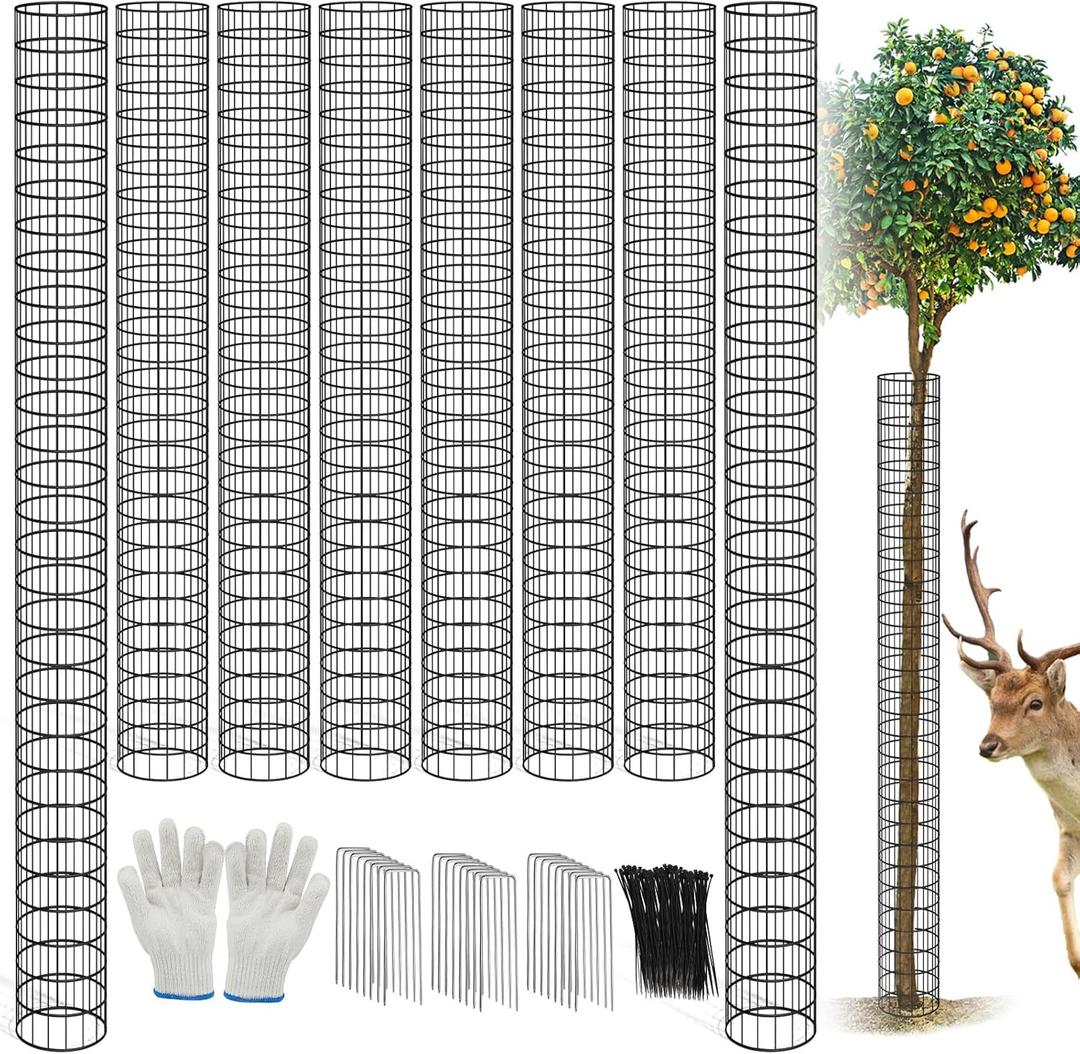 8 Pcs Metal Tree Trunk Protector Guard, 48" Mesh Tree Guards Trunk Protector with Zip Ties, Glove & Metal Stake, Tree Protector from Deer, Protect Bark & Saplings from Mower, Deer & Other Animals