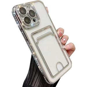 Casechics Compatible with iPhone Case,Glitter Diamond Credit Card Slot Holder Wallet Bling Sparkle Camera Lens Protection Clear Soft Shockproof Cover Phone Case (Silver,iPhone 14 Pro)