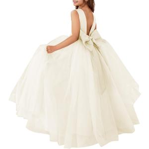 MCieloLuna Flower Girls Satin Tulle Princess Pageant Dress for Wedding Kids Pearls Prom Ball Gowns with Bow-Knot (6, Ivory)