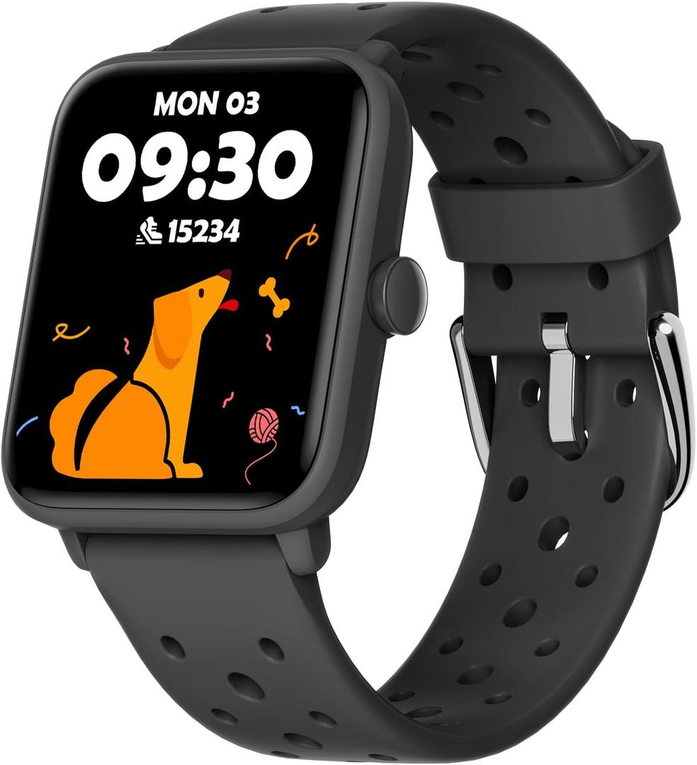 BIGGERFIVE Smart Watch for Kids Without APP, Fitness Tracker Watch Pedometer, Heart Rate, 5ATM Waterproof, Sleep Monitor, Calorie Step Counter, Games, Alarm Clock for Boys Girls 5-14, Porous Black